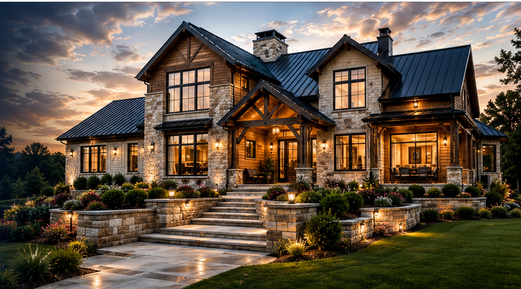 High-performance custom home at dusk